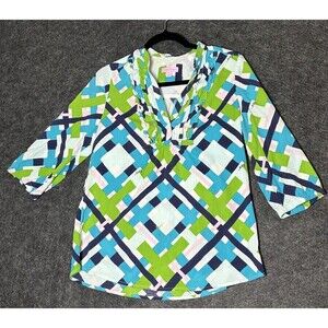 LILLY PULITZER 3/4 SLEEVE COTTON MANDARIN COLLAR BLUE GREEN PINK FRILL TOP SZ 4